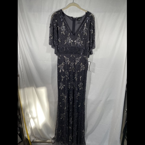 NWT Adrianna Papell Floral Beaded Mermaid‎ Capelet Gown in Gunmetal [SZ 2 ] - Picture 4 of 13